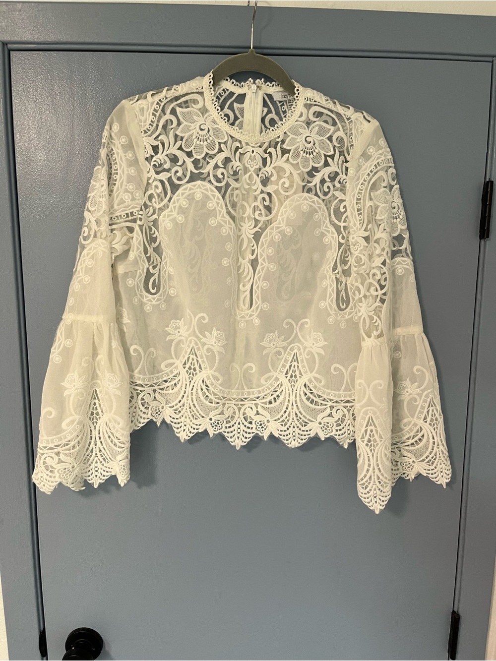 Lucy Paris White Embroidered Crochet Lace Peasant Blouse